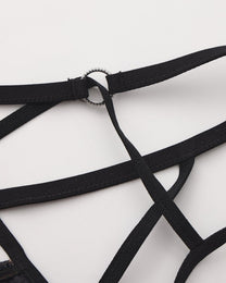 Close-up of the silver-tone ring and black strap junction on the BSZN cage thong