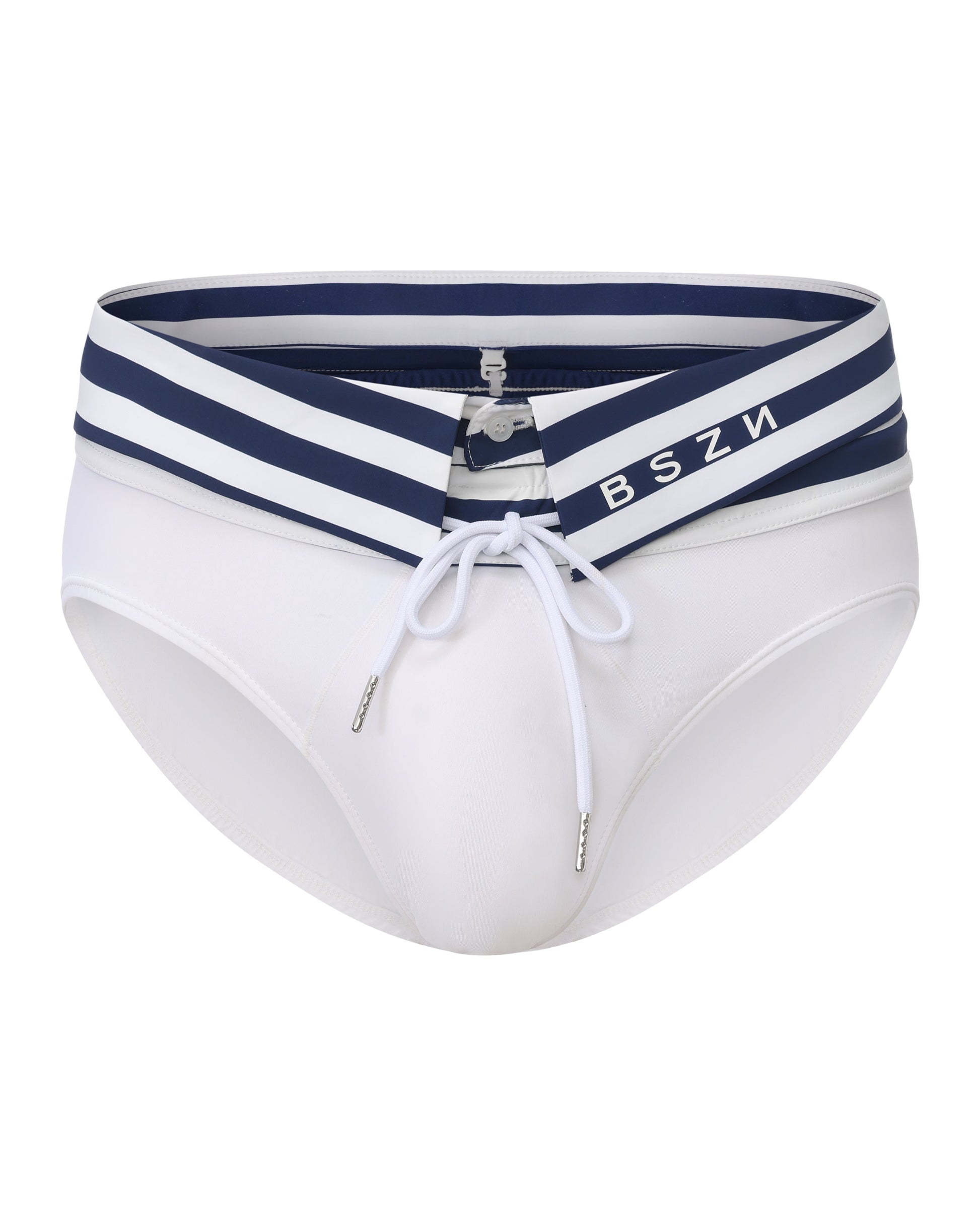 BSZN Sailor Foldover-Waist Brief, white and navy colorway, front product view