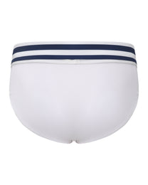 BSZN Sailor Foldover-Waist Brief, white and navy colorway with wide striped waist, rear product view
