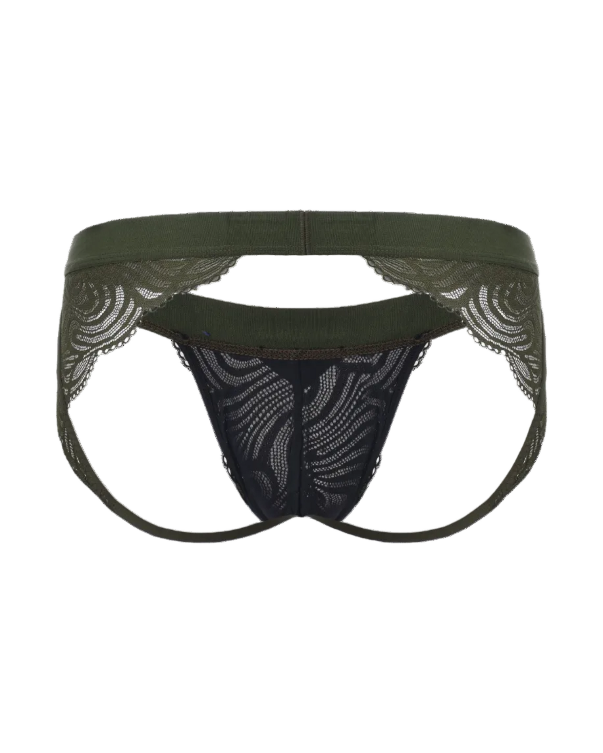 BSZN Double-Band Lace Jockstrap in green with twin rear straps, back view