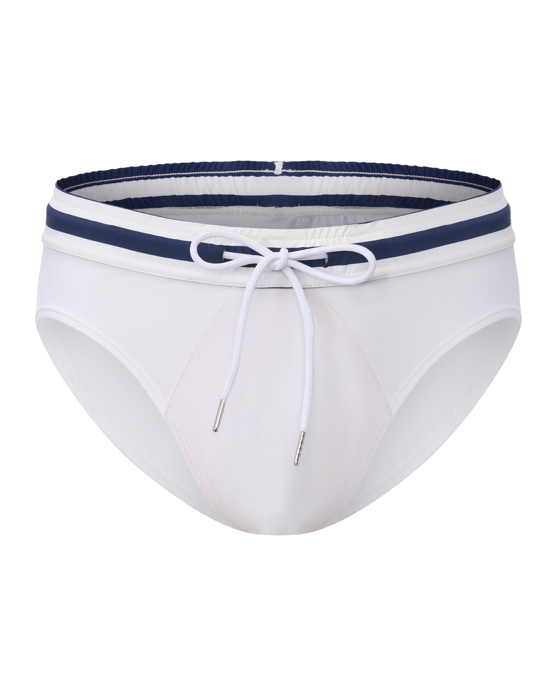 BSZN Sailor Foldover-Waist Brief, white and navy colorway with waistband folded down, front product view