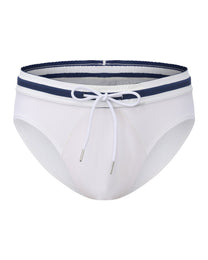 BSZN Sailor Foldover-Waist Brief, white and navy colorway with waistband folded down, front product view