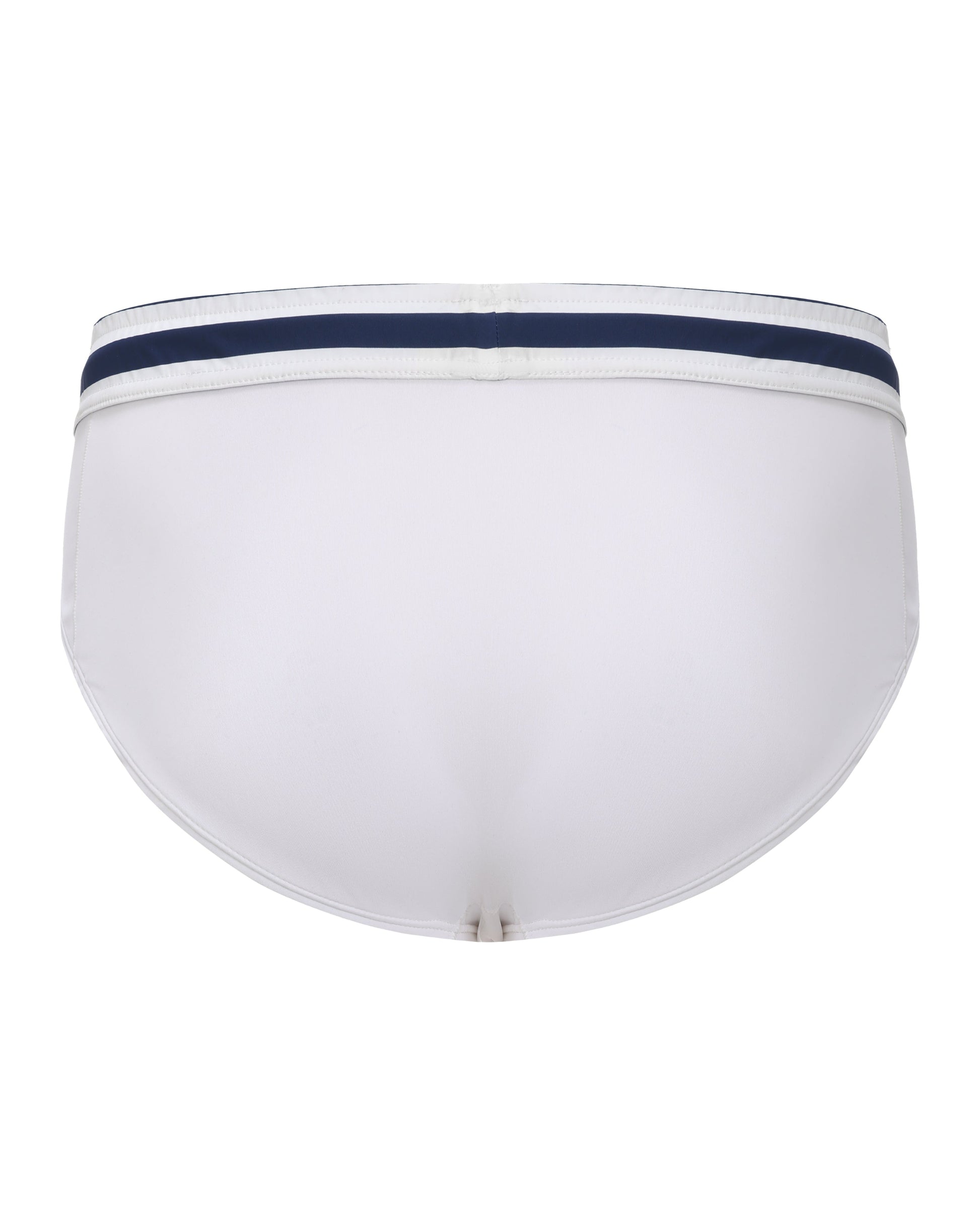 BSZN Sailor Foldover-Waist Brief, white and navy colorway with waistband folded down, rear product view