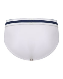 BSZN Sailor Foldover-Waist Brief, white and navy colorway with waistband folded down, rear product view