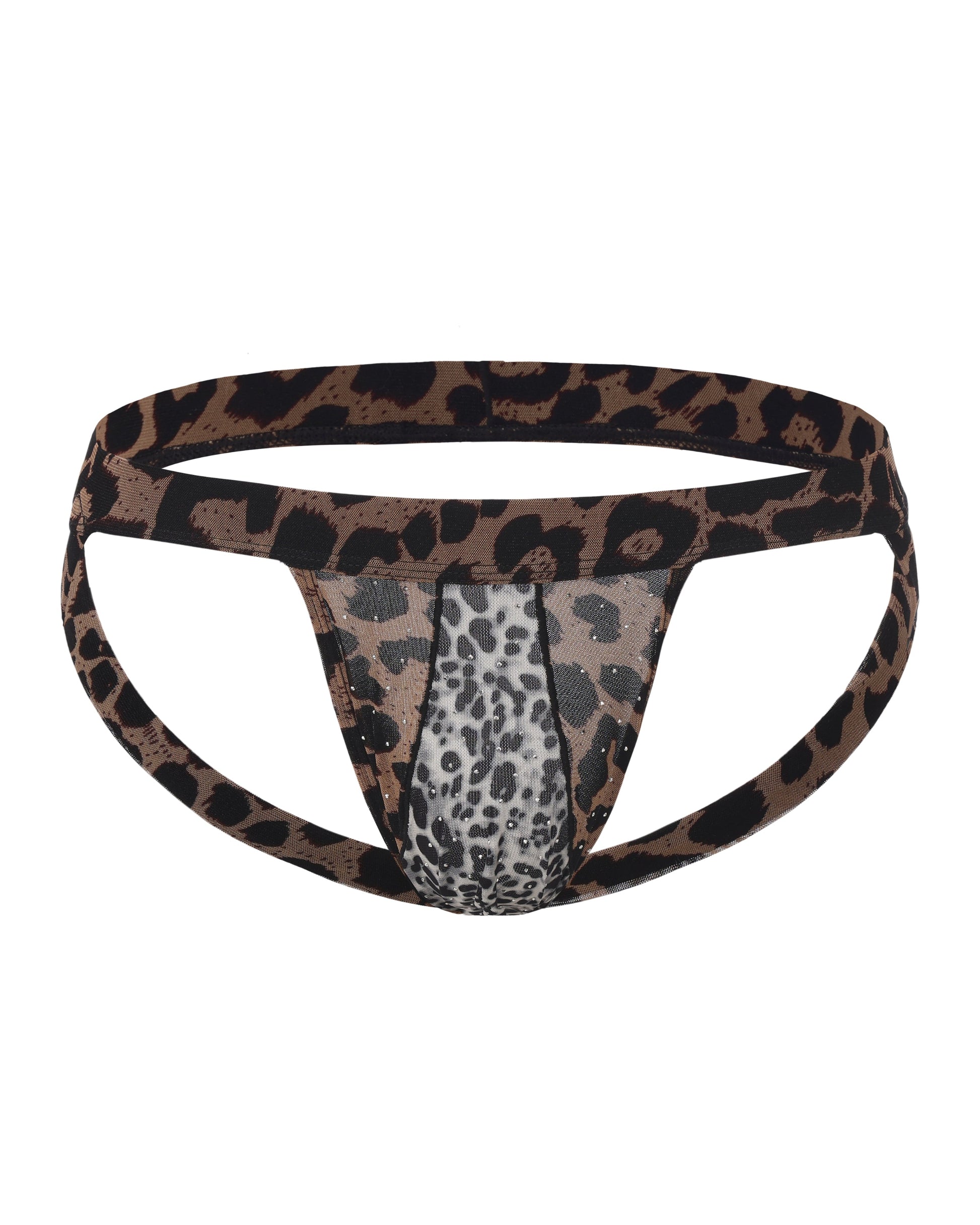 BSZN Crystal Animal-Print Mesh Jockstrap, brown leopard colorway, front product view