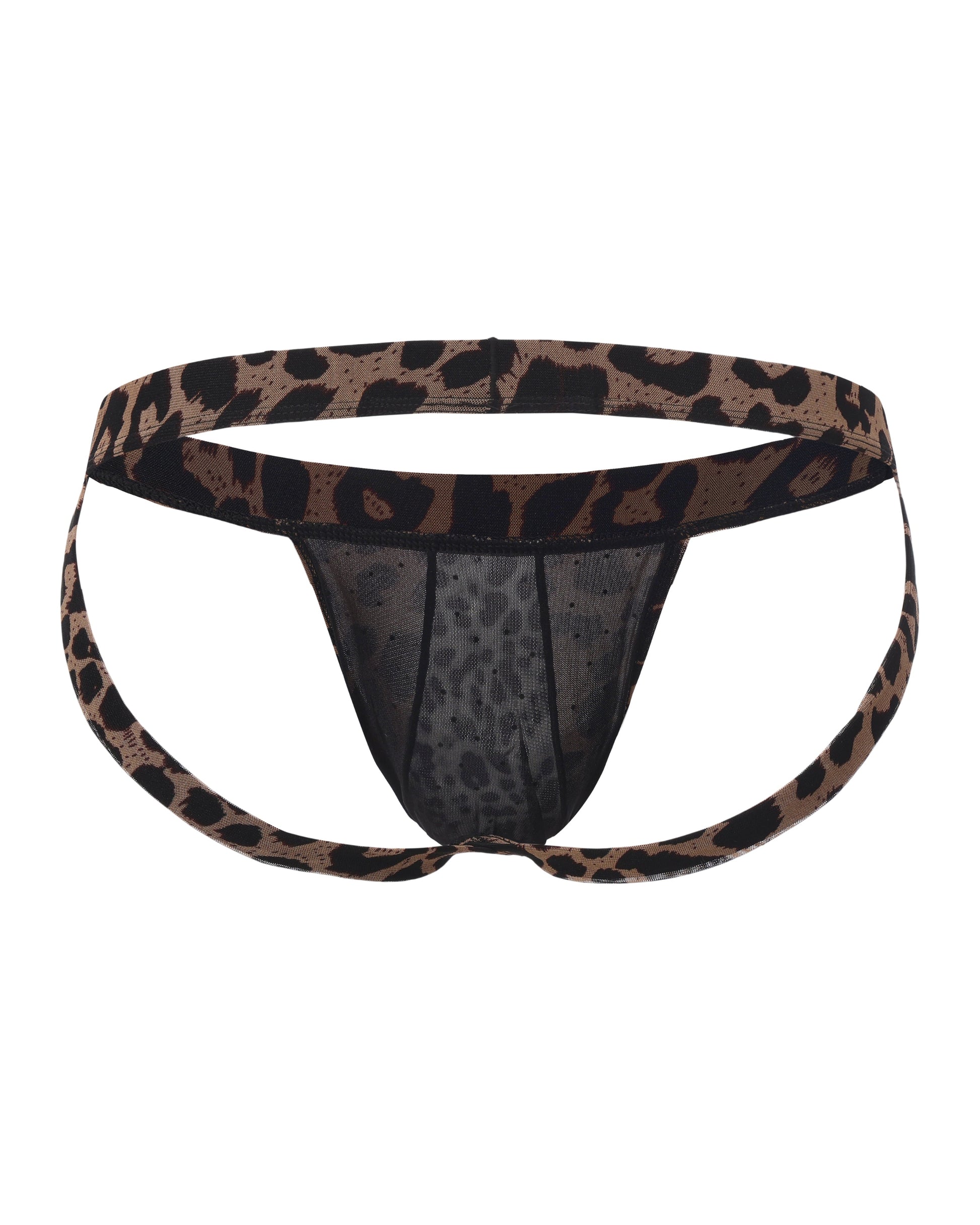 BSZN Crystal Animal-Print Mesh Jockstrap, brown leopard colorway, open-back product view