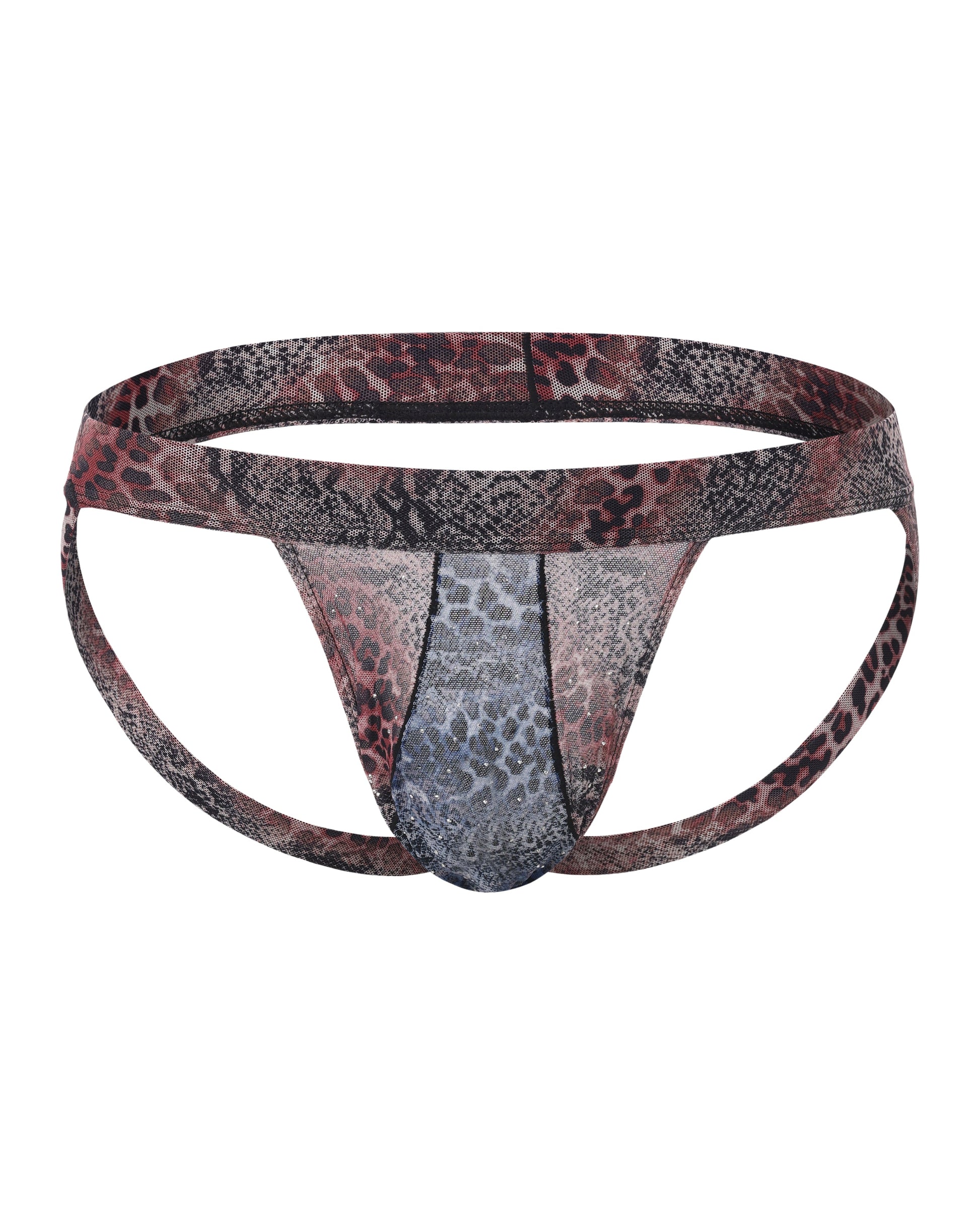 BSZN Crystal Animal-Print Mesh Jockstrap, red blue and gray mixed-animal-print colorway, front product view