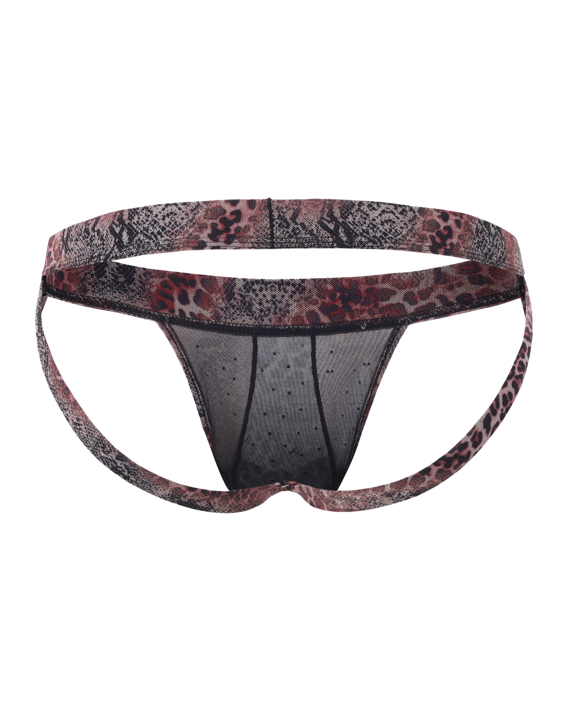BSZN Crystal Animal-Print Mesh Jockstrap, red blue and gray mixed-animal-print colorway, open-back product view