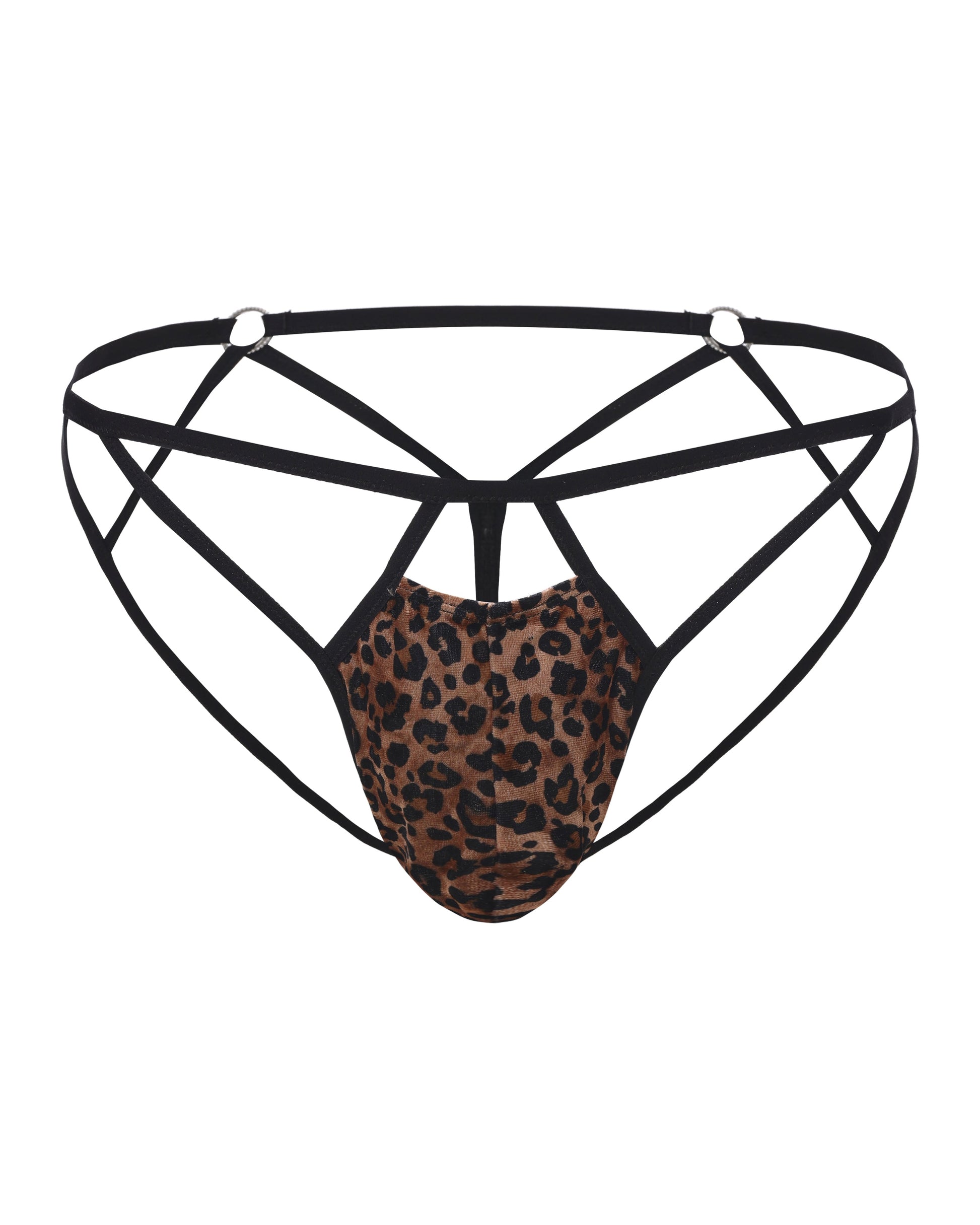 BSZN Bound Beast Leopard Cage Thong, product front view with black straps and ring hardware
