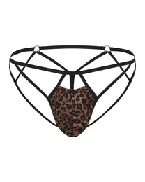 BSZN Bound Beast Leopard Cage Thong, product front view with black straps and ring hardware