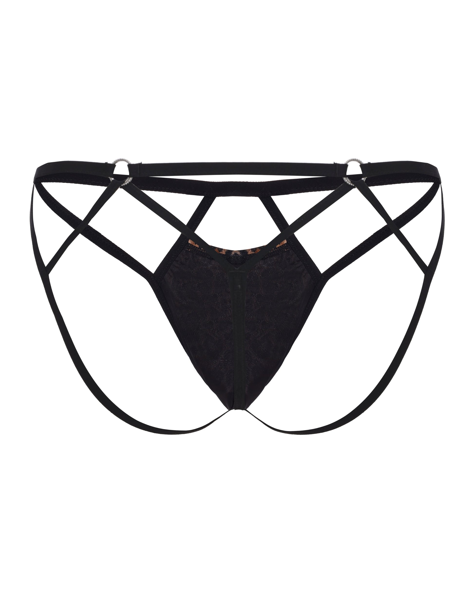 BSZN Bound Beast Leopard Cage Thong, reverse view with black-lined pouch and crossing straps