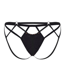 BSZN Bound Beast Leopard Cage Thong, reverse view with black-lined pouch and crossing straps