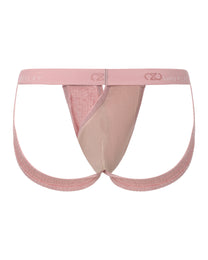 BSZN Strapped Cutout Ribbed Jockstrap in pink, open-back view