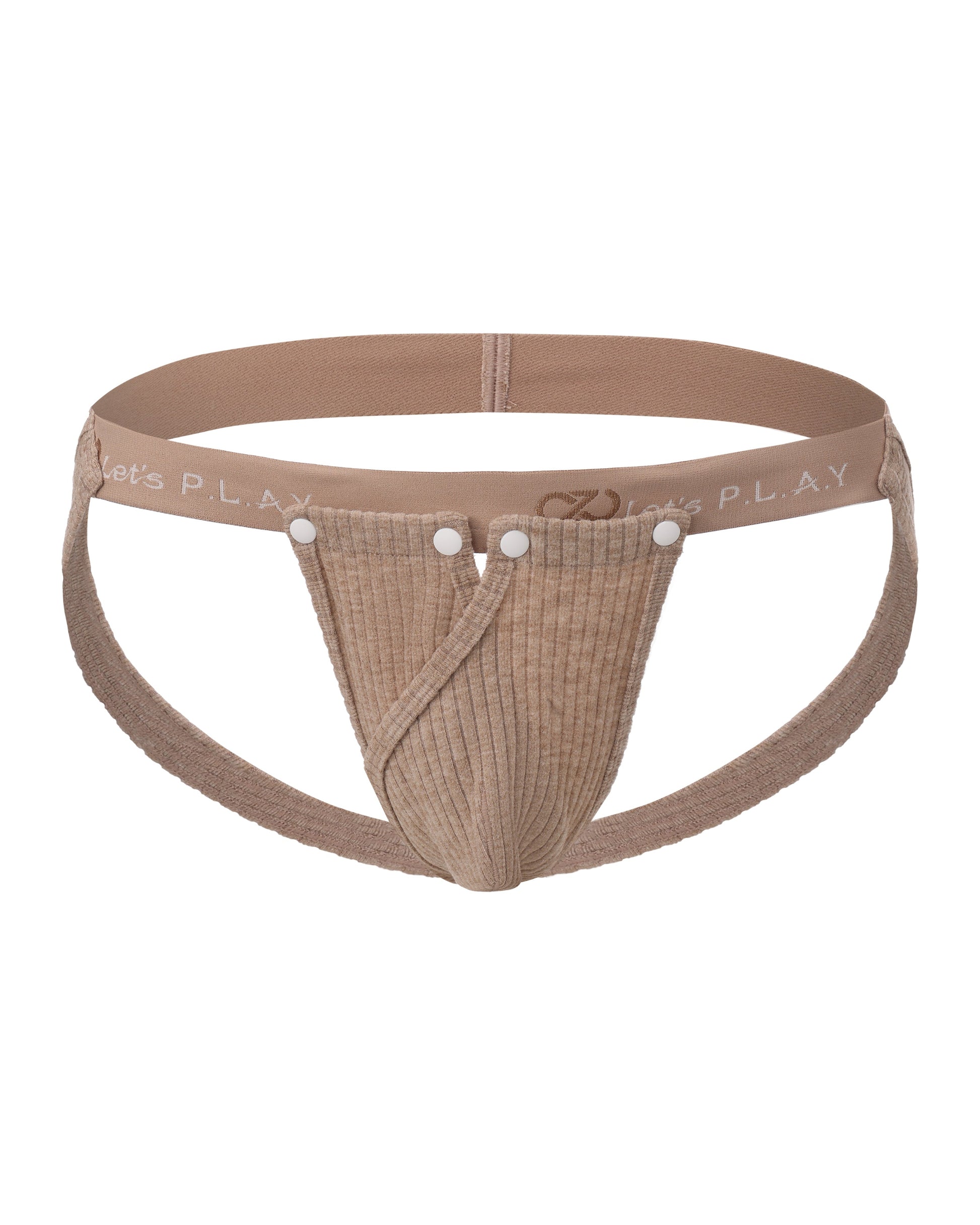 BSZN Strapped Cutout Ribbed Jockstrap in brown, front product view