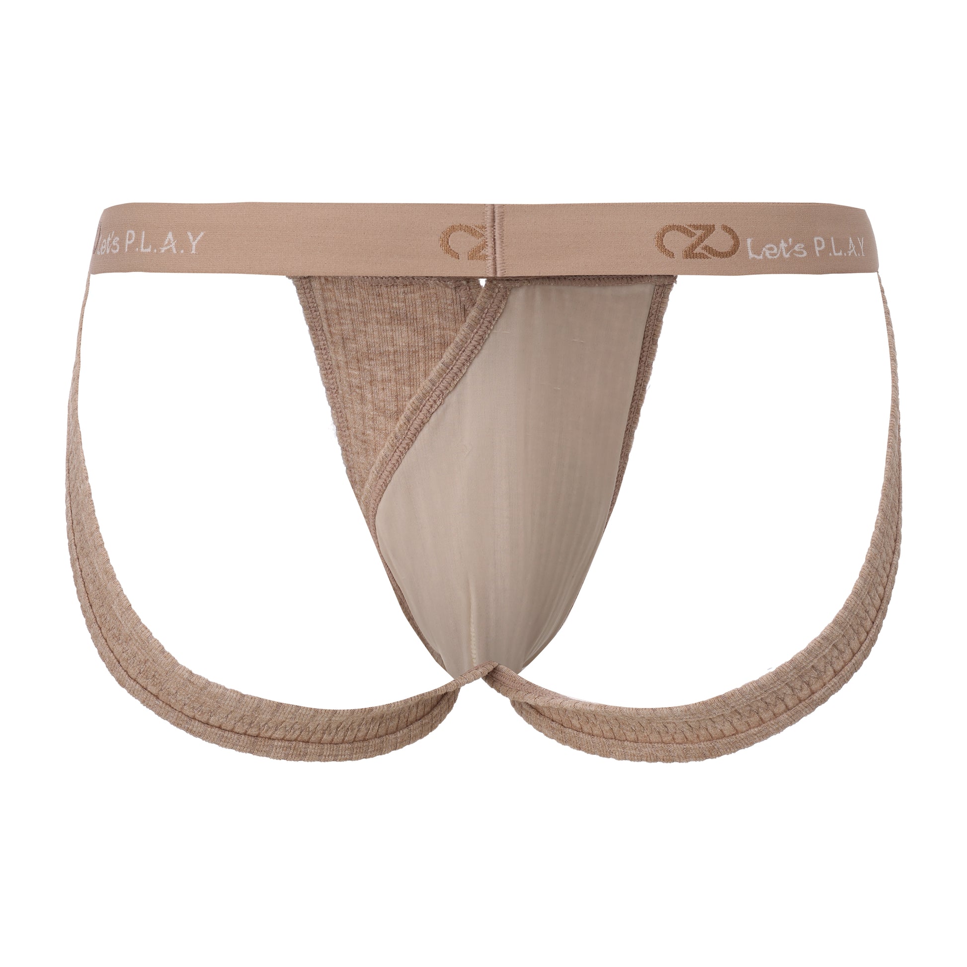 BSZN Strapped Cutout Ribbed Jockstrap in brown, open-back view