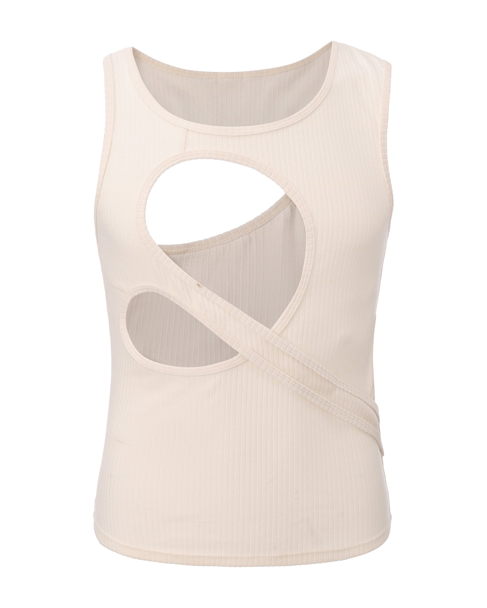 BSZN Asymmetric Cutout Ribbed Tank Top, white colorway, front product view
