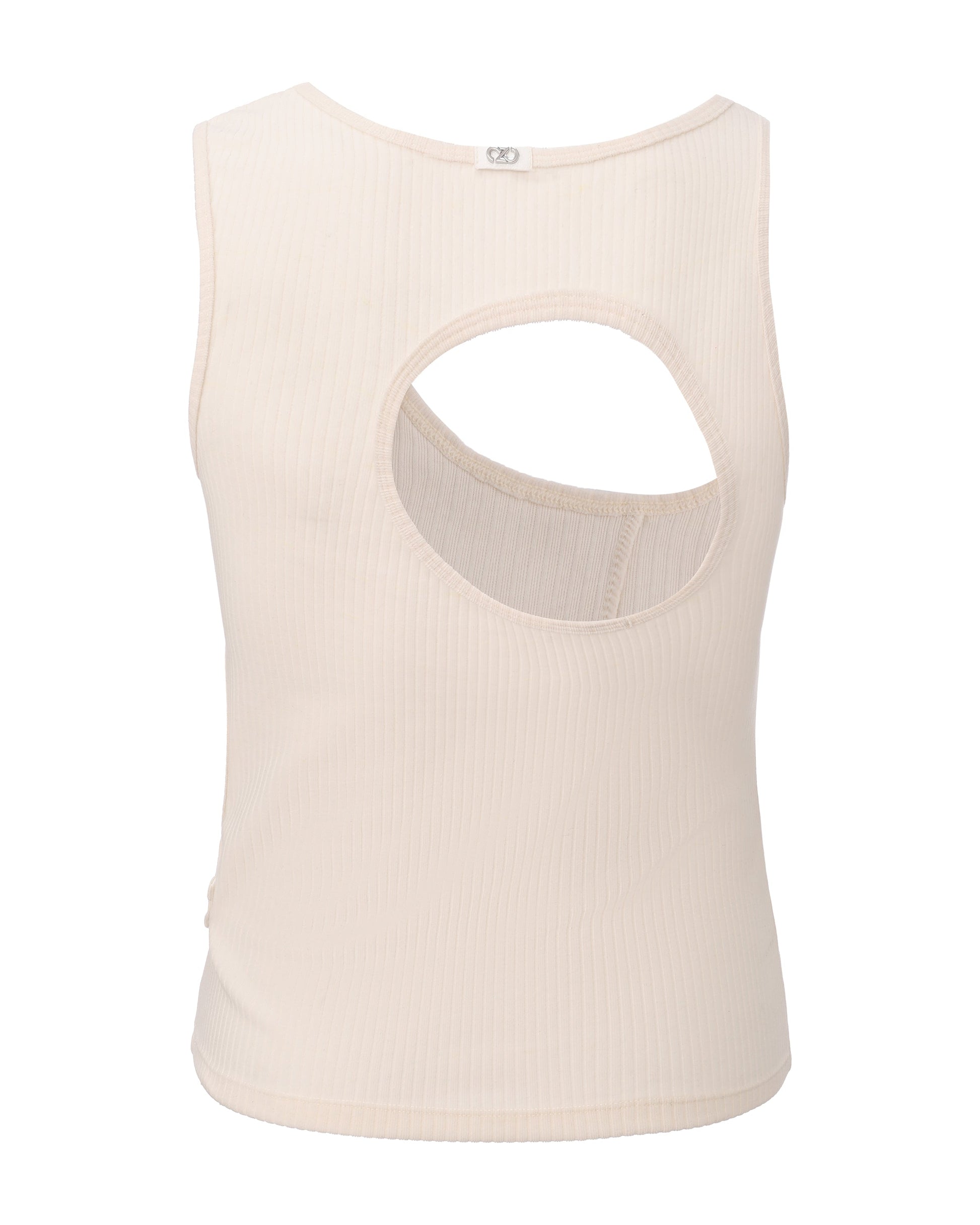 BSZN Asymmetric Cutout Ribbed Tank Top, white colorway, rear product view