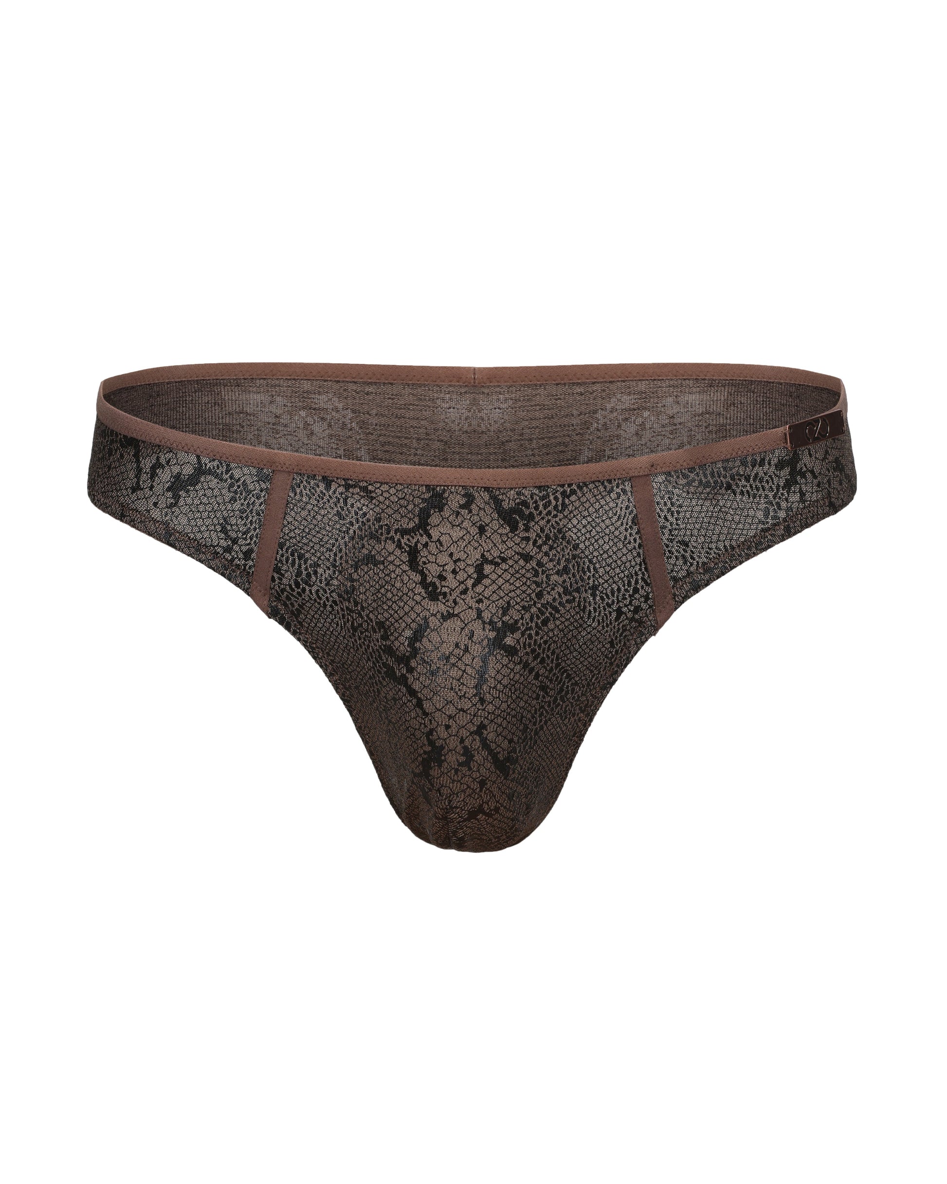 BSZN Snake-Print Sheer Mesh Thong, taupe brown colorway, front product view