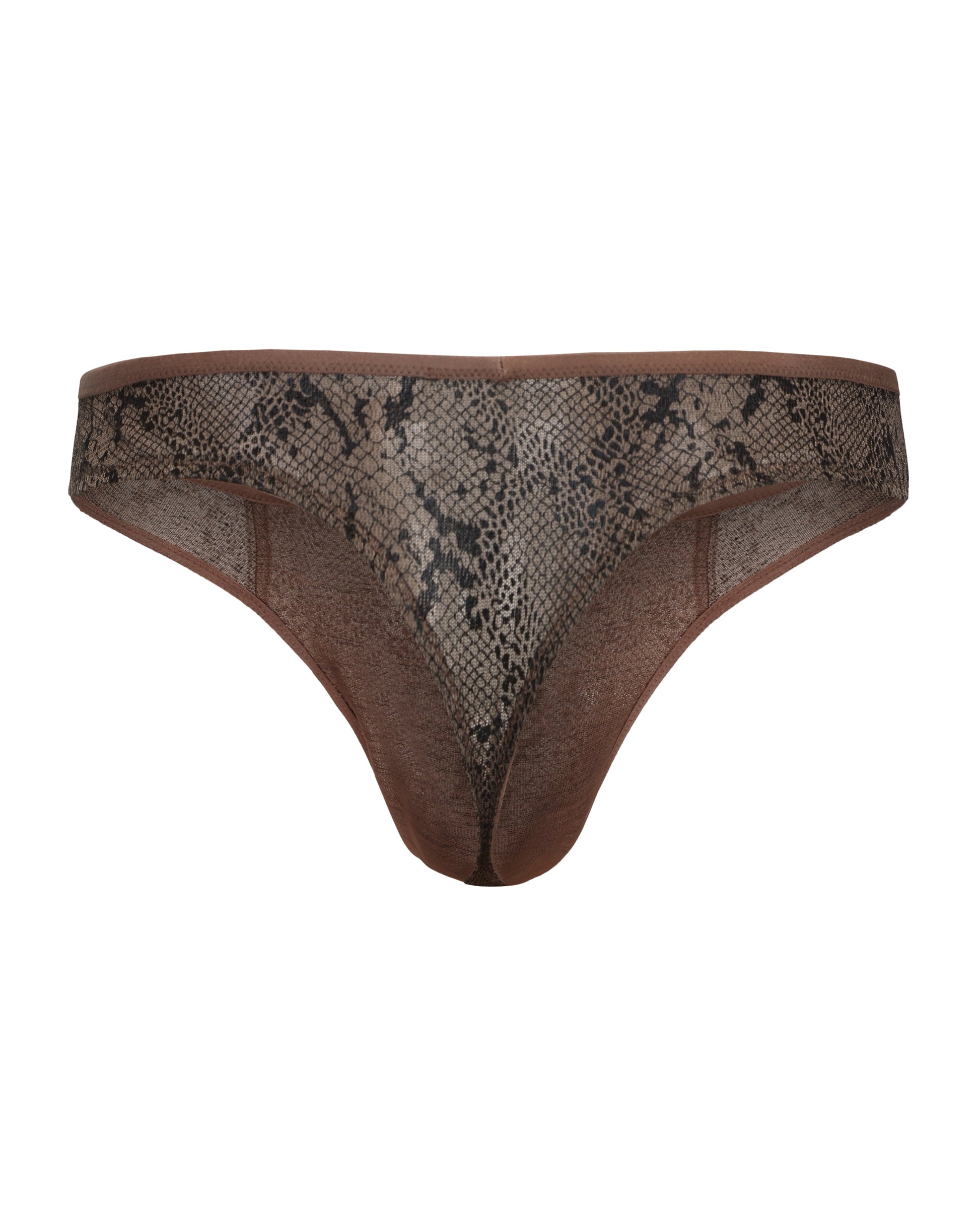 BSZN Snake-Print Sheer Mesh Thong, taupe brown colorway, rear product view