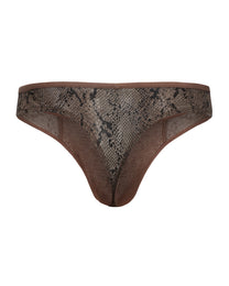 BSZN Snake-Print Sheer Mesh Thong, taupe brown colorway, rear product view