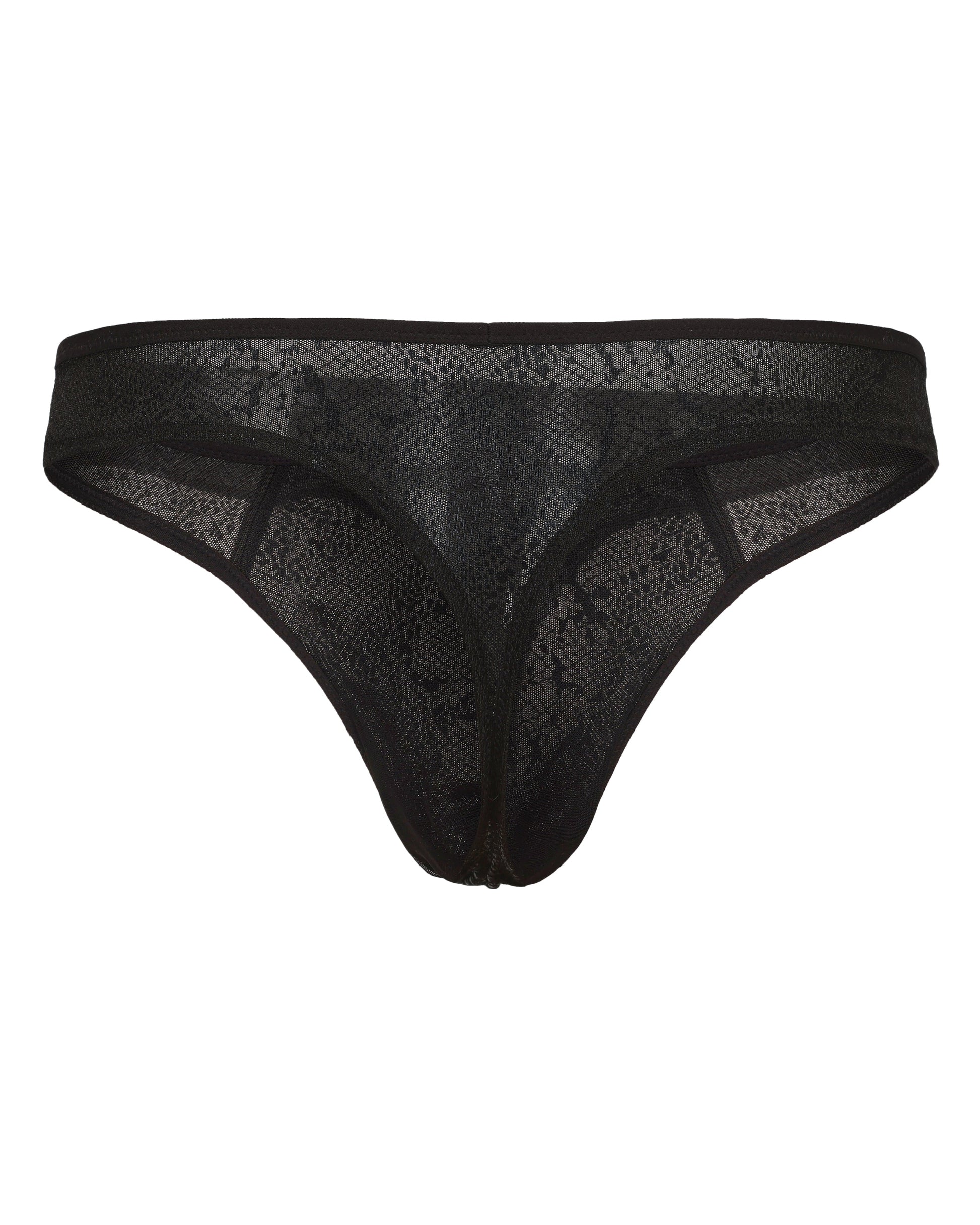 BSZN Snake-Print Sheer Mesh Thong, black colorway, rear product view