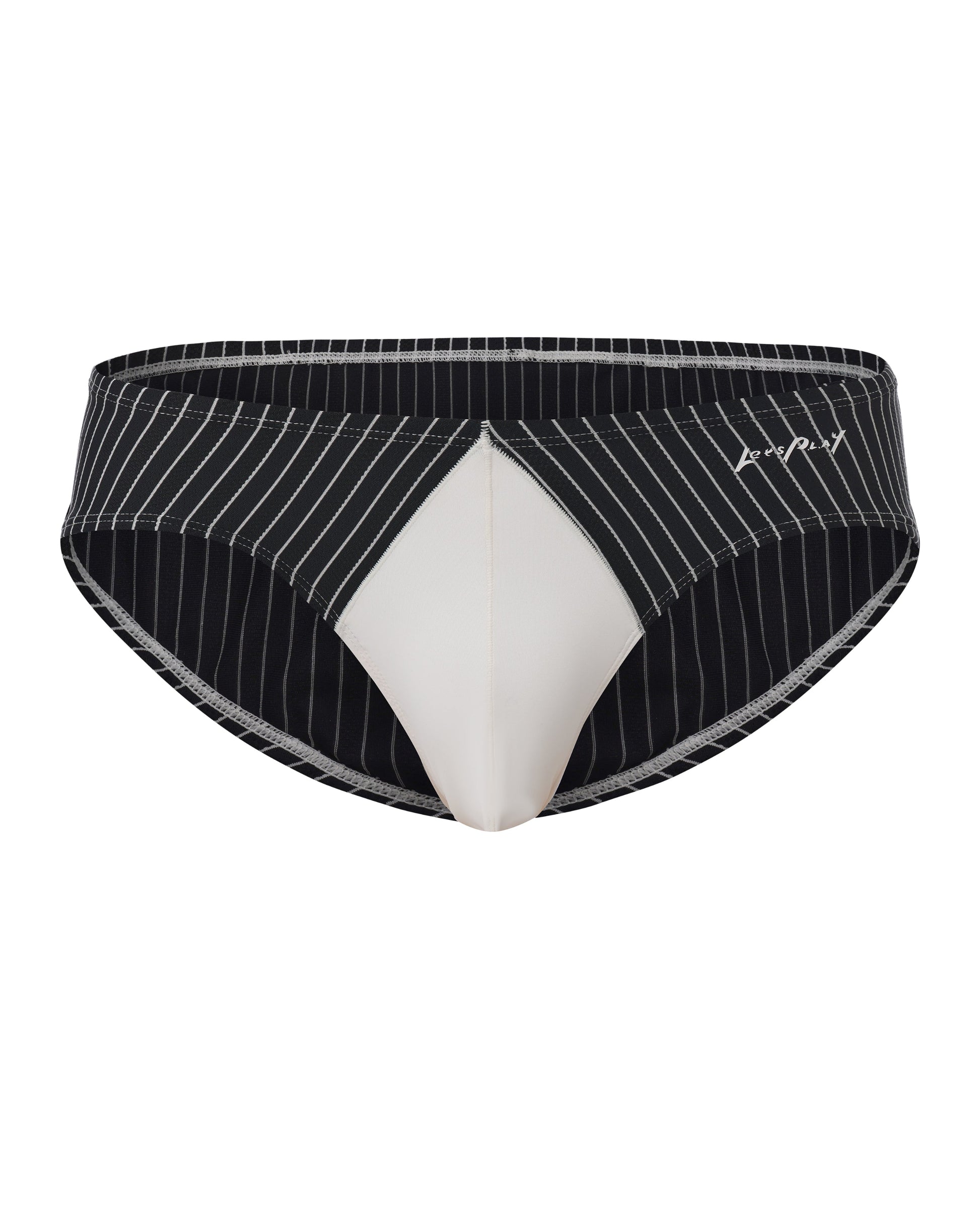 BSZN Temptation Served Pinstripe Brief, in black and white, front product view