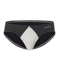 BSZN Temptation Served Pinstripe Brief, in black and white, front product view