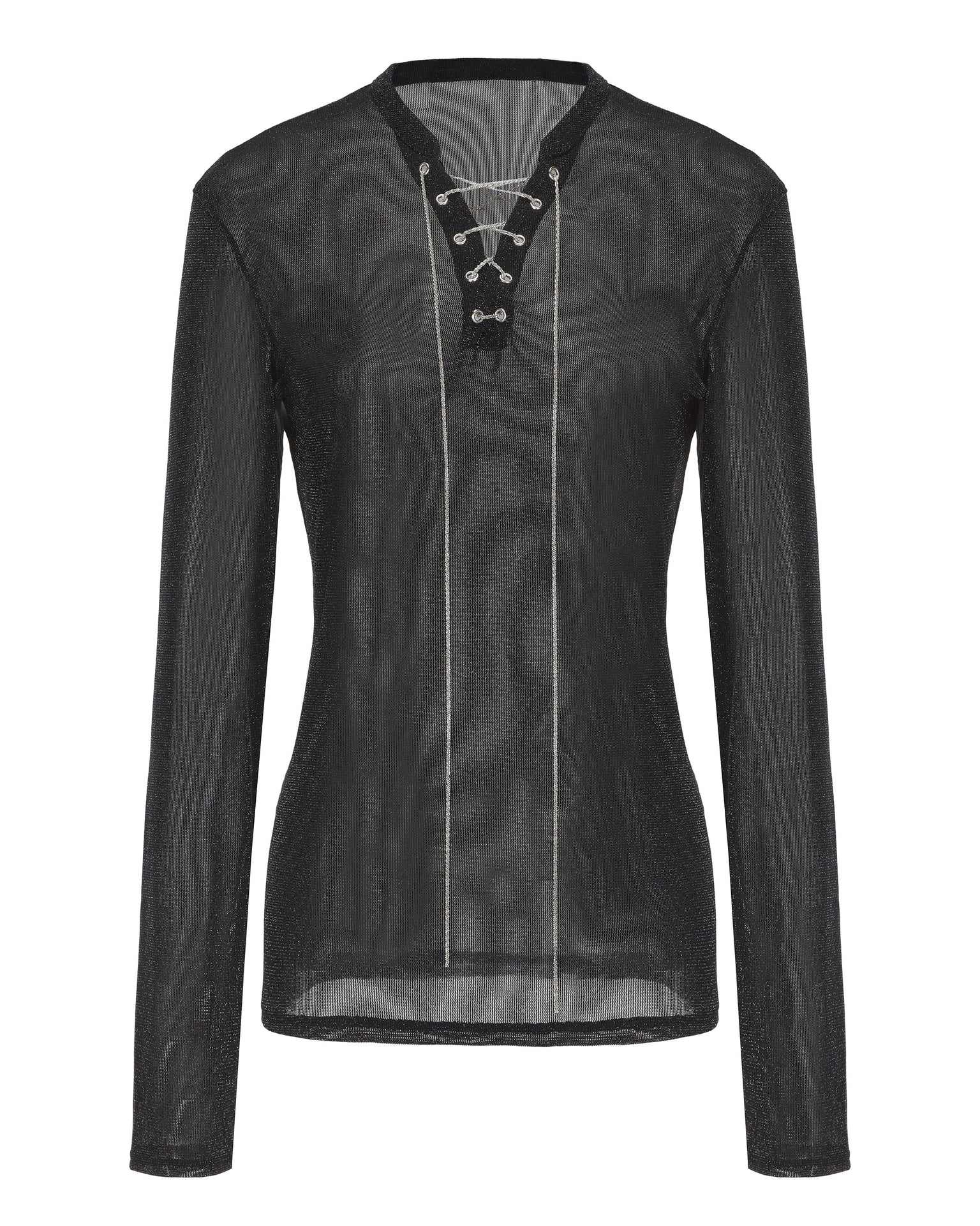 Lace-Up Metallic Mesh Long-Sleeve Top with silver-flecked mesh