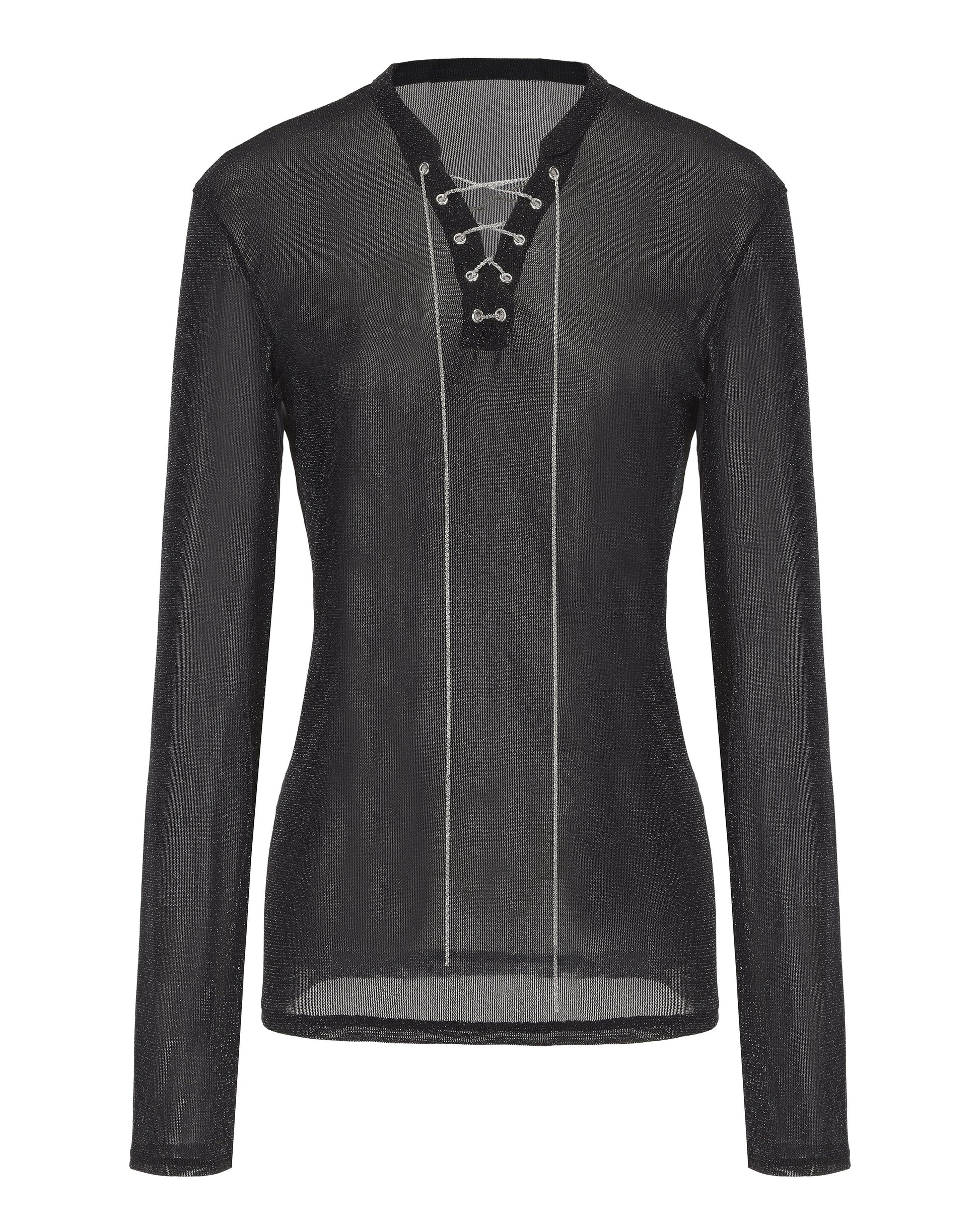 Lace-Up Metallic Mesh Long-Sleeve Top with silver-flecked mesh