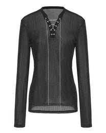Lace-Up Metallic Mesh Long-Sleeve Top with silver-flecked mesh
