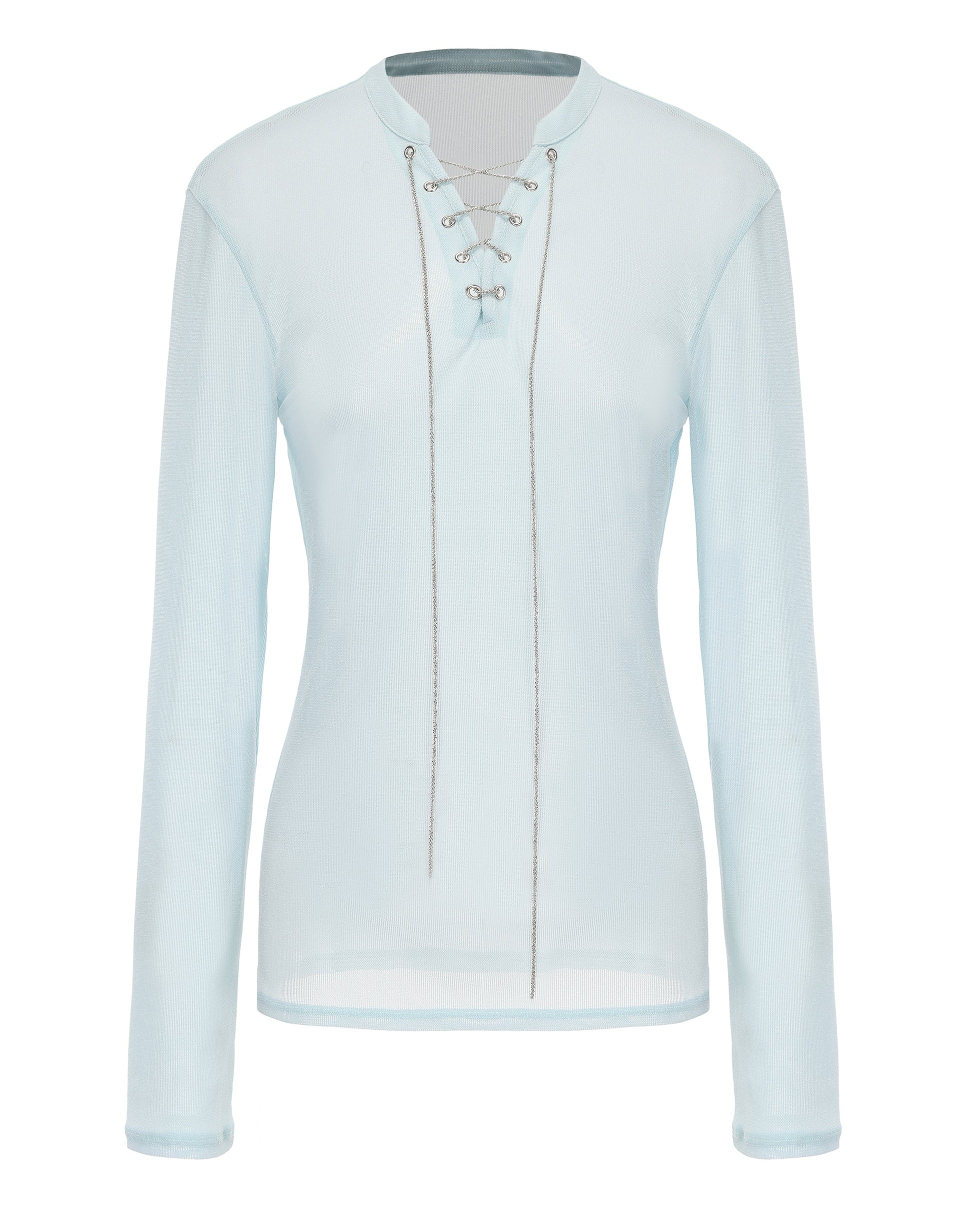 Lace-Up Metallic Mesh Long-Sleeve Top, alternate product view 3