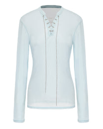 Lace-Up Metallic Mesh Long-Sleeve Top, alternate product view 3
