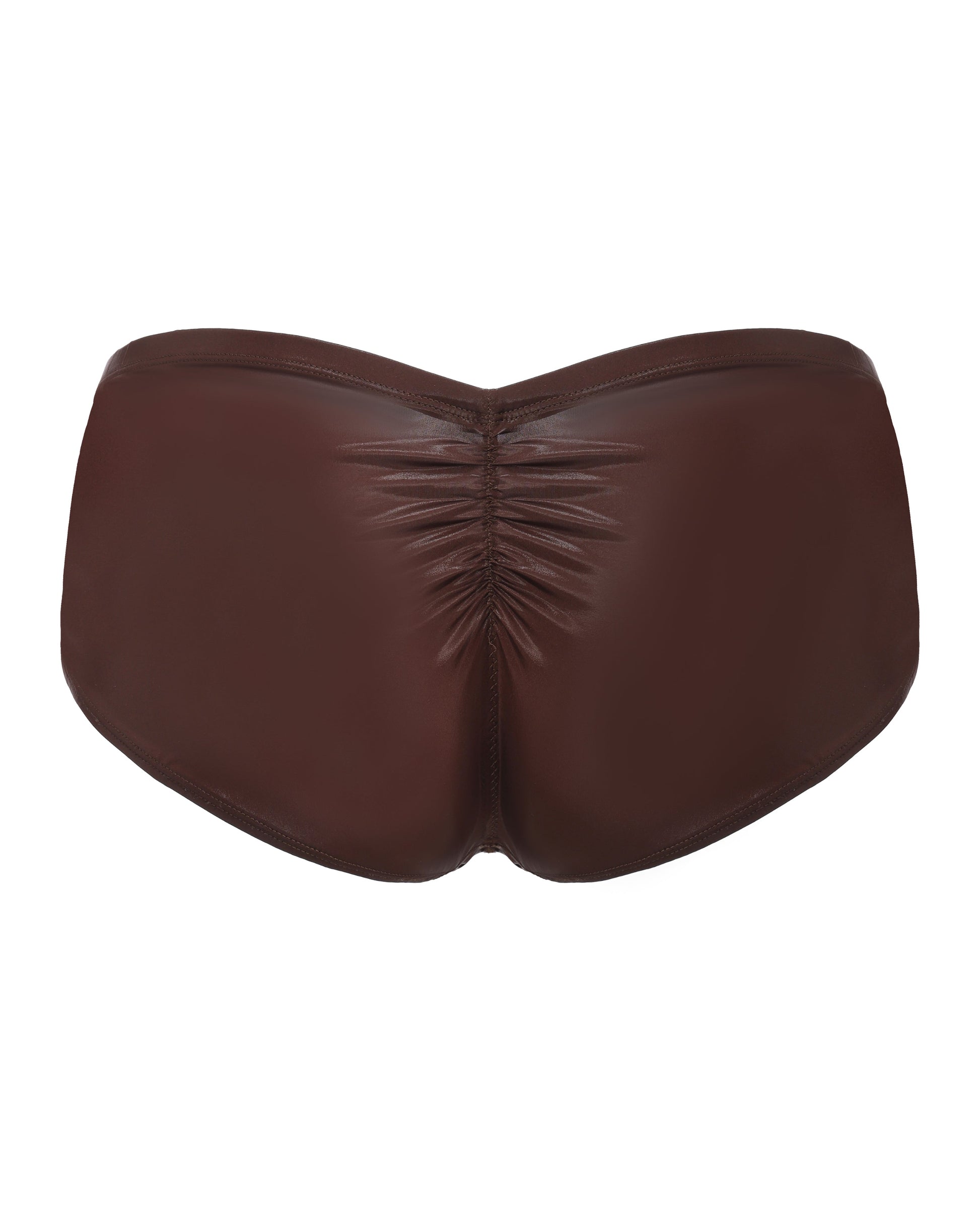 BSZN Liquid Skin Ruched-Back Brief in brown, full-coverage product rear view
