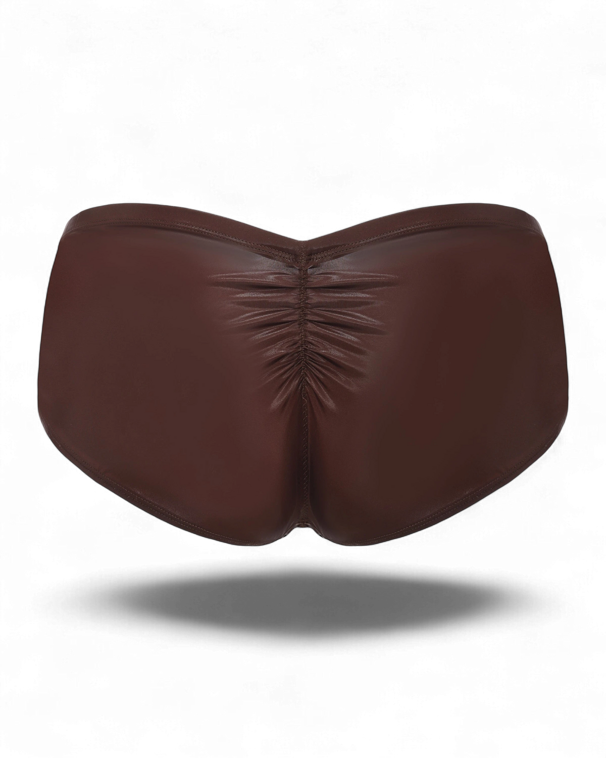 BSZN Liquid Skin Ruched-Back Brief in brown, full-coverage product rear view