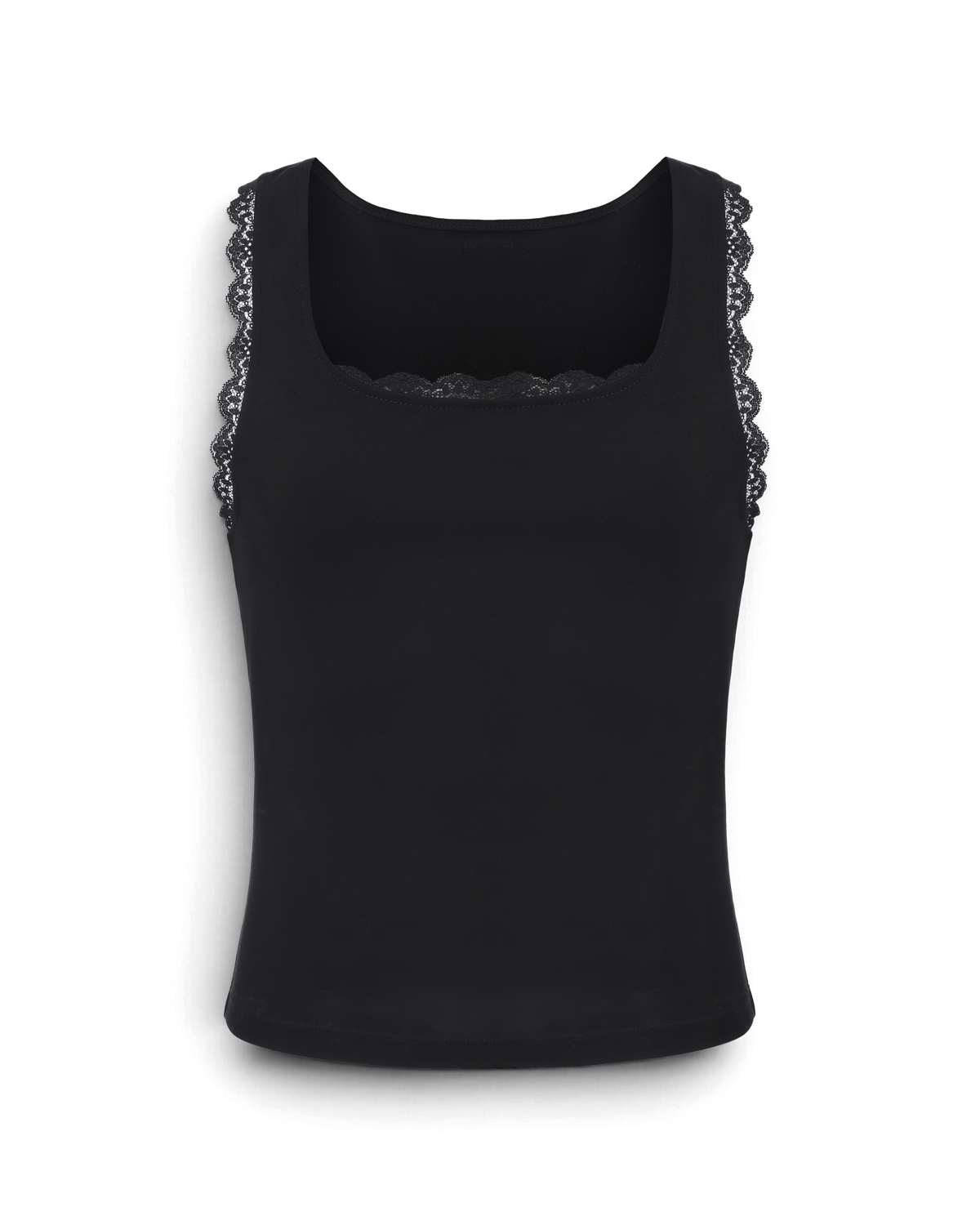 BSZN Black square-neck tank top, front product view with lace trim.