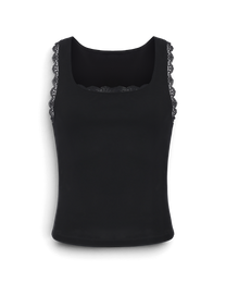 BSZN Black square-neck tank top, front product view with lace trim.