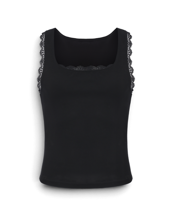 BSZN Black square-neck tank top, front product view with lace trim.