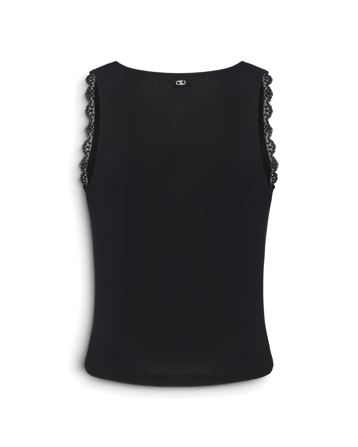 BSZN Black lace-trim tank top, back product view.