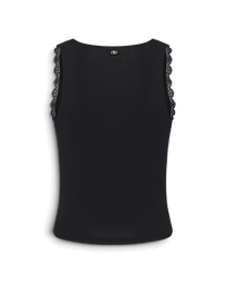 BSZN Black lace-trim tank top, back product view.