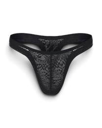 BSZN Black patterned lace thong, front product view.