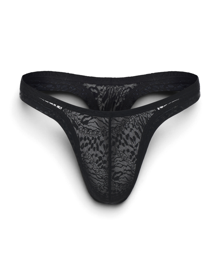 BSZN Black patterned lace thong, front product view.