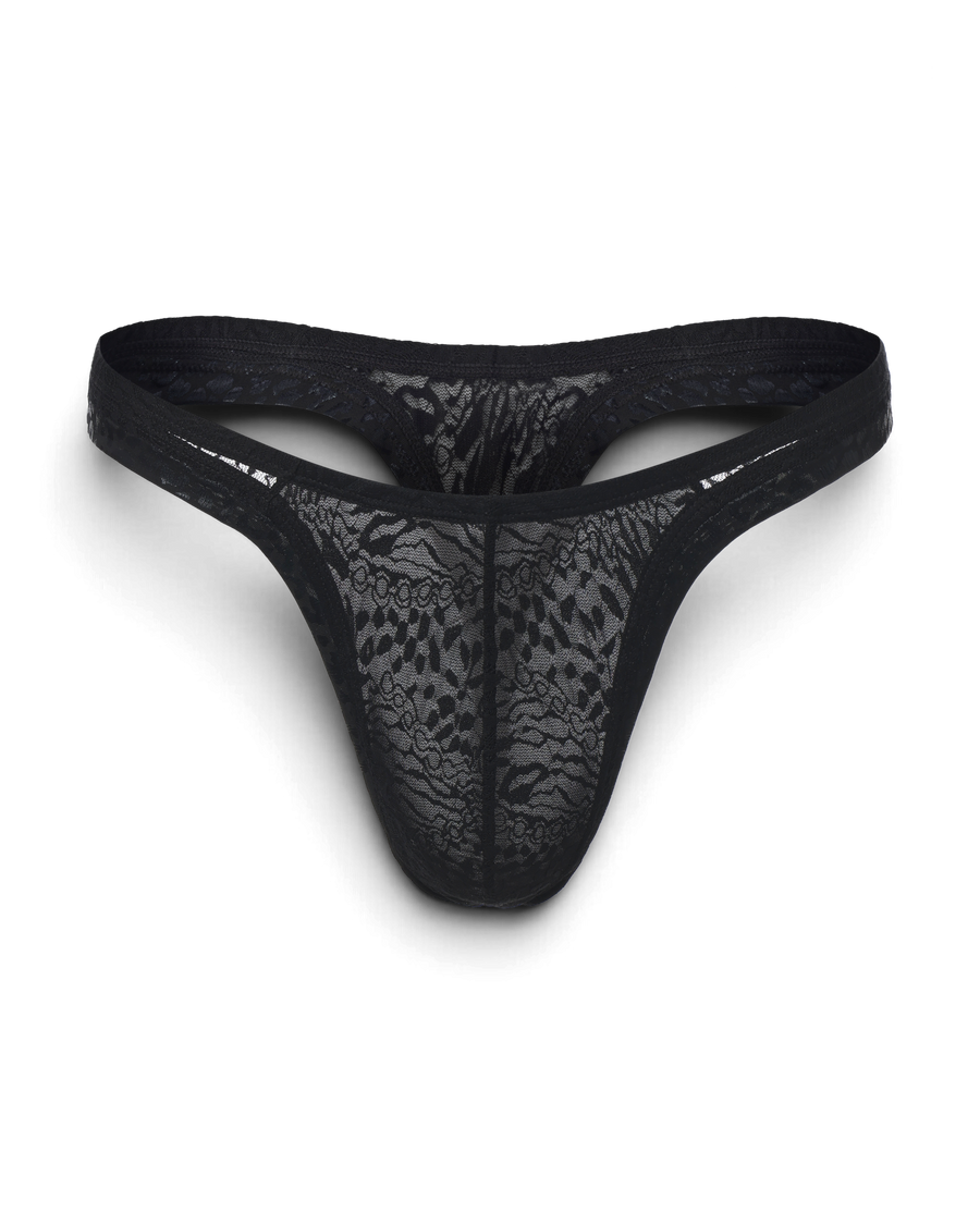 BSZN Black patterned lace thong, front product view.
