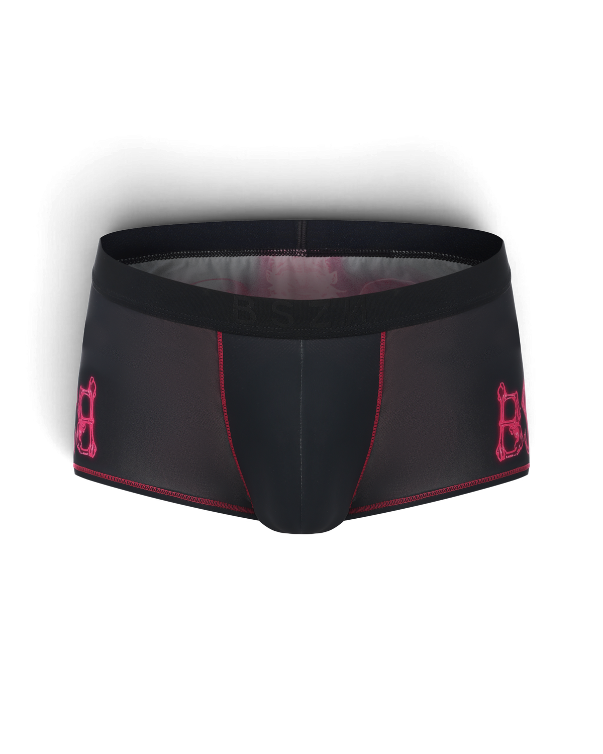BSZN Black trunks, front product view with pink seams.