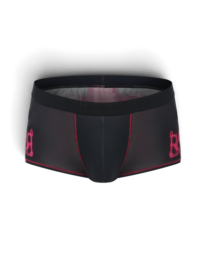 BSZN Black trunks, front product view with pink seams.
