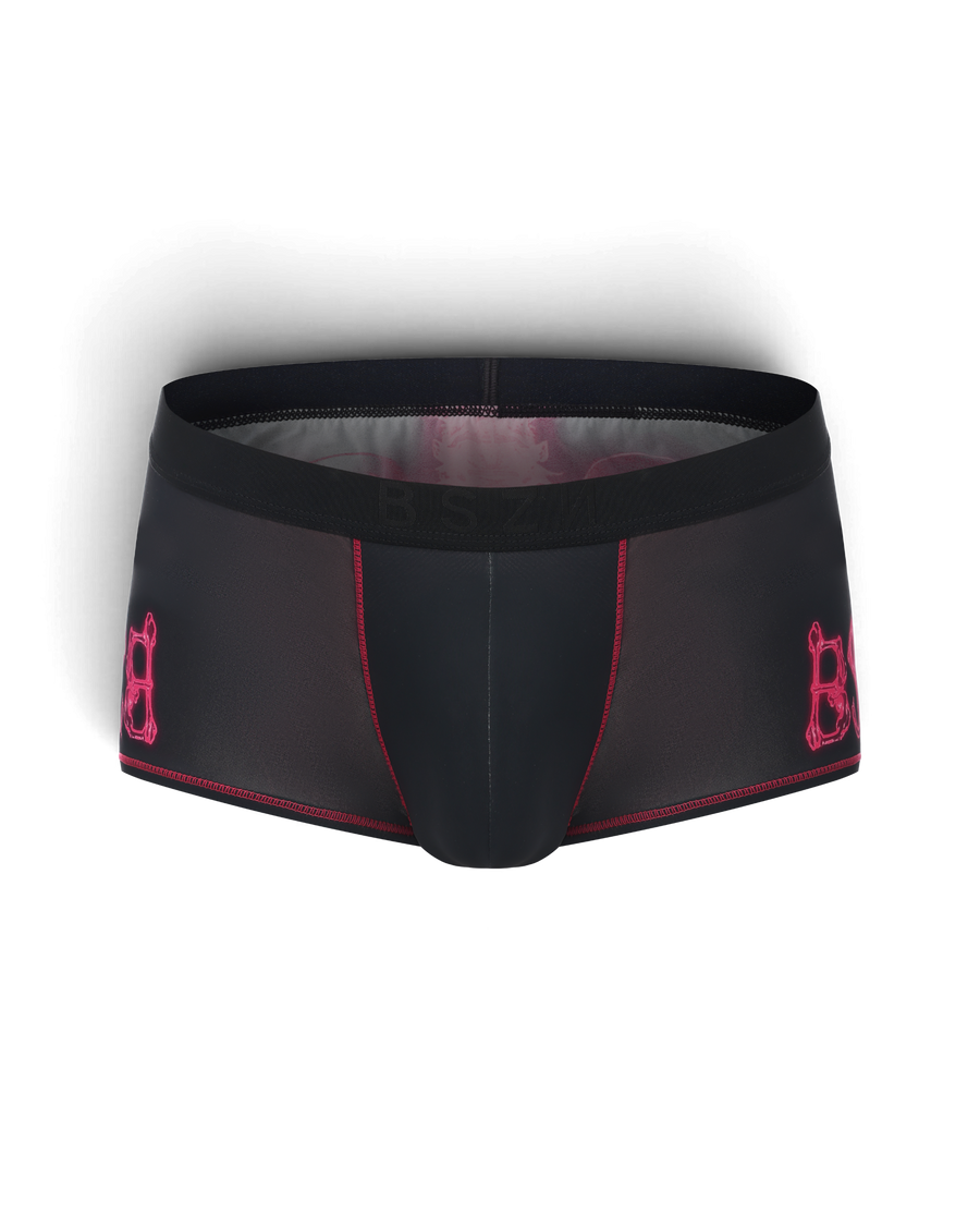 BSZN Black trunks, front product view with pink seams.