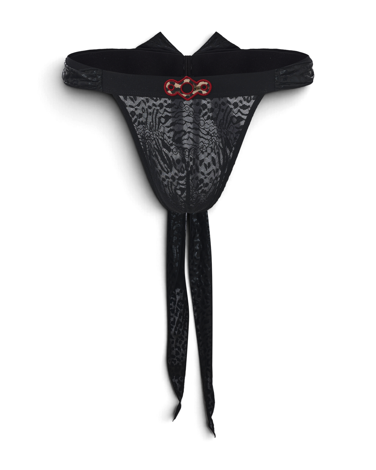 BSZN Black lace thong, front product view with draped ties.
