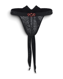 BSZN Black lace thong, front product view with draped ties.
