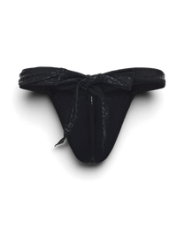 BSZN Black thong, rear product view with ties arranged as a bow.