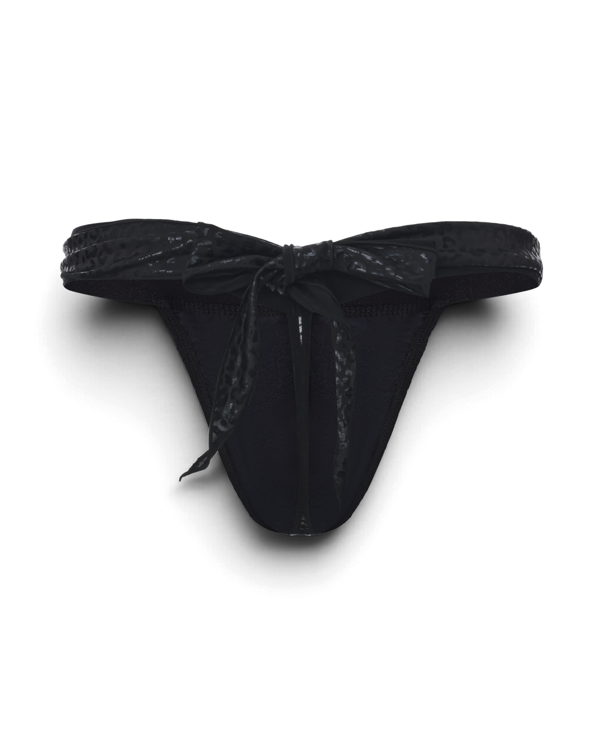 BSZN Black thong, rear product view with ties arranged as a bow.