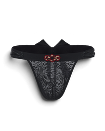 BSZN Black lace scarf-tie thong, front product view.